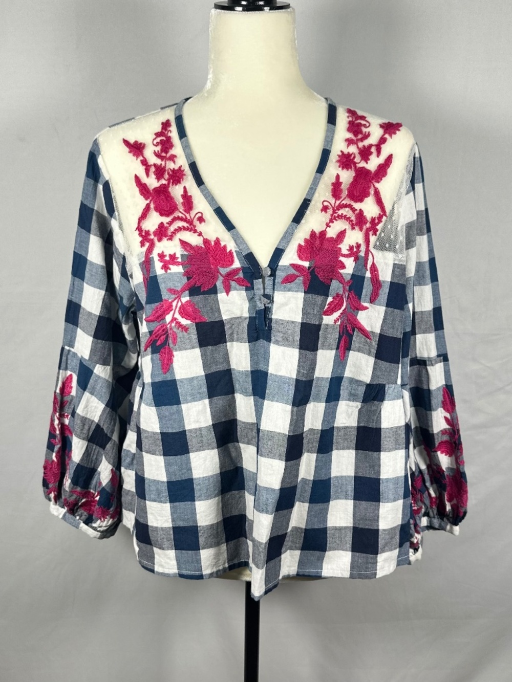 Roper Blue White Lace Pink Embroidered Floral Design Women' Size Large Bohemian